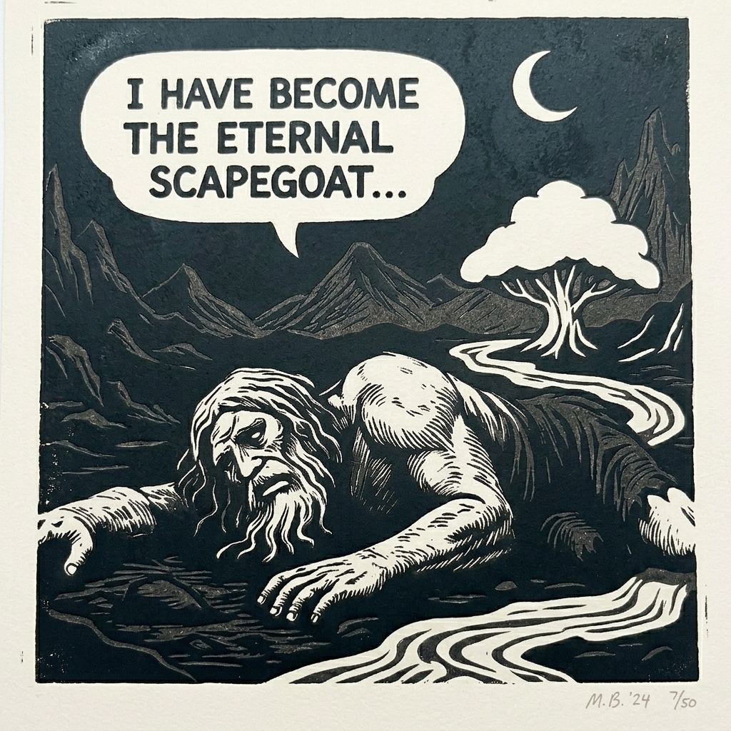 Linocut print: a fallen bearded giant in a moonlit river valley, speech balloon reading I have become the eternal scapegoat