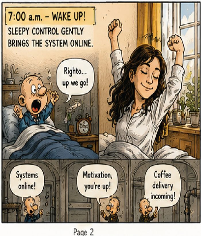 The Numskulls, page 2: 7:00am wake up, sleepy control brings the system online.