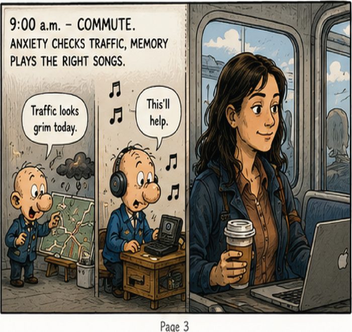 The Numskulls, page 3: 9:00am commute, anxiety checks traffic, memory plays the right songs.