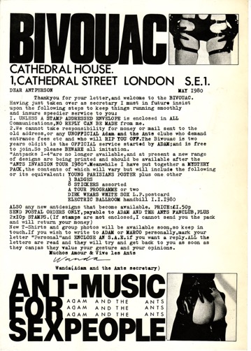 Bivouac fan club letter from Wanda, Adam and the Ants secretary, May 1980, with Antmusic for Sexpeople logo
