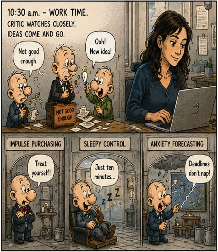 The Numskulls, page 4: 10:30am work time, Critic watches closely, ideas come and go.